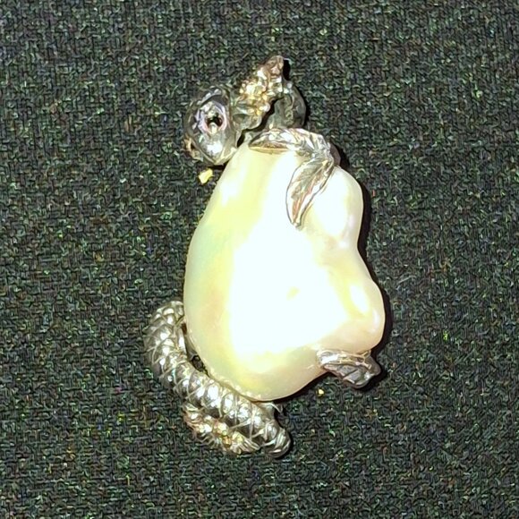 Vintage Large Baroque Pearl Silver & Rose Gold Serpent in Garden of Eden Pendant - Picture 8 of 9